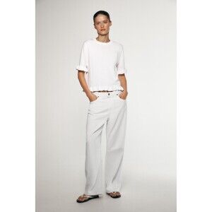 NWT Zara Ruffled Knit Top Short Sleeve Size Medium White Ruffle Trim Sleeves